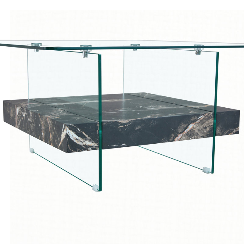 31.4 Inch Modern Two-Tier Square Coffee Table - An Elegant Combination of Clear Glass and Marble Pattern Sticker.It can be used as a coffee table,a side table or a display stand