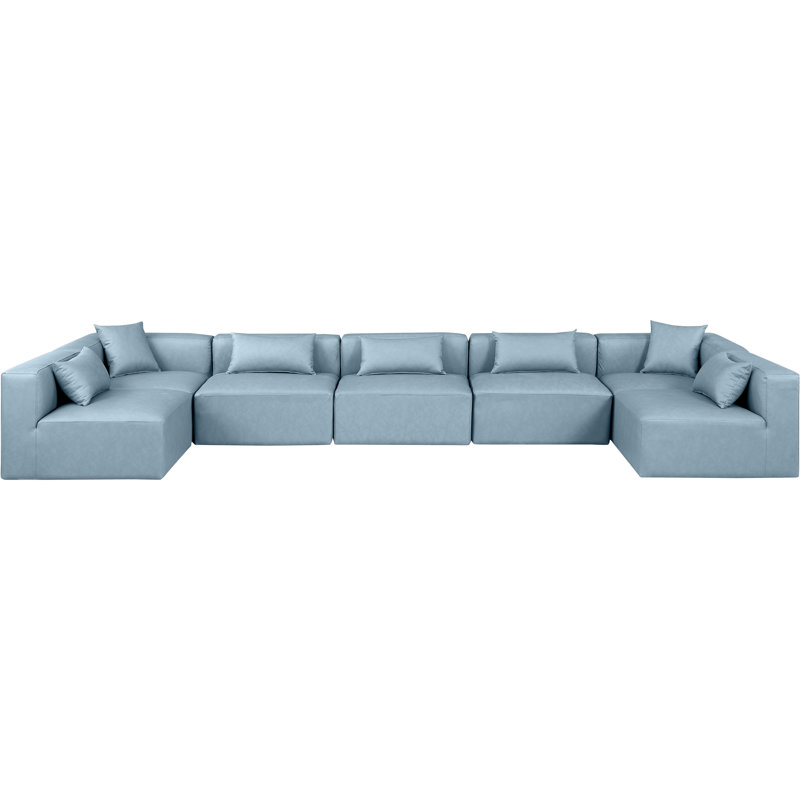 Houswerth Upholstered U-Shaped Sectional Reversible, Light Blue Vegan Leather