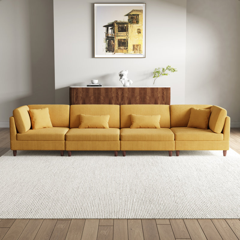 4 - Piece Upholstered Corduroy Modular Sectional with Pillow Back and Solid Wood Legs, Orange Corduroy