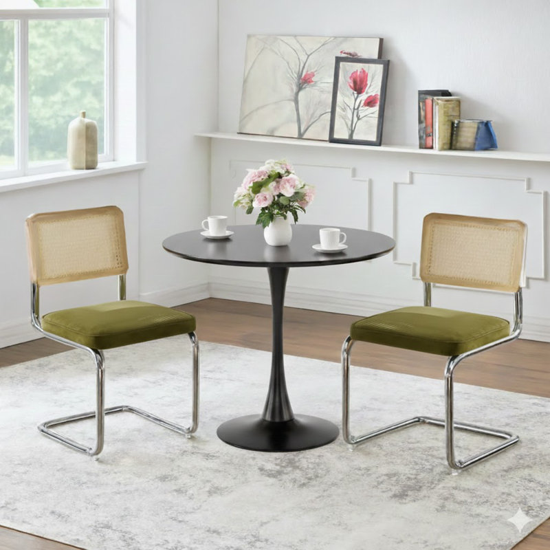 Space Saving 24 Inch Round Dining Set, 3-piece Table With Rattan Back Chairs, Olive Green, Black