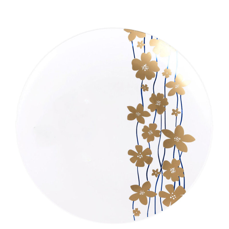 Assiettes en plastique blanches rondes de 9 pouces Ecoqualité avec motif de vignes bleues et dorées pour 100 invités