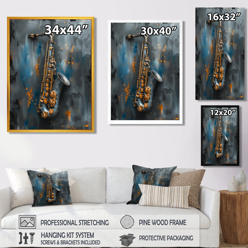 «Blue Gray Music Instument Saxophone», reproduction d'art mural, Toile tendue, H 16 po x l 32 po