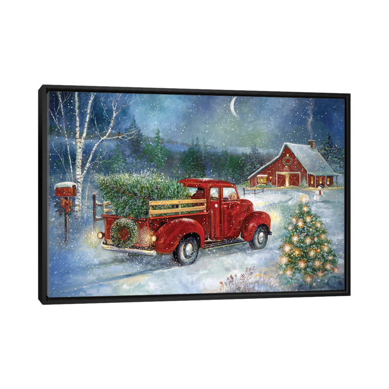 La livraison de Noël par Ruane Manning - reproduction d'art, H 18 po x l 26 po x P 1,5 po, Toile avec cadre noir, Aucun mat
