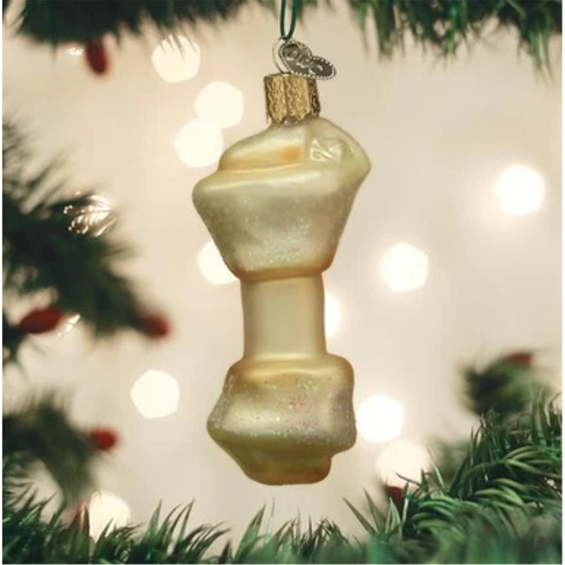 Ornement ancien en verre soufflé pour sapin de Noël, os en cuir brut