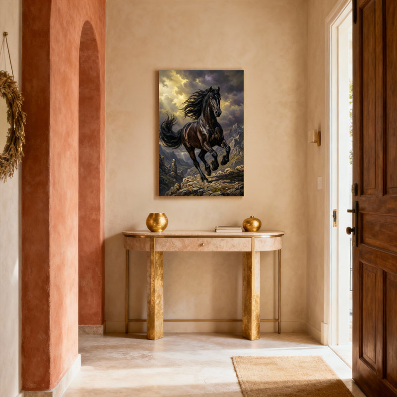 Ensemble de 1 tableau sur toile tendue représentant un cheval noir au galop dans un paysage de montagne, H 48 po x l 32 po