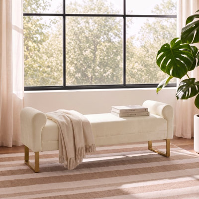 Banc de repose-pieds 65 po, banc en chenille pour chambre à coucher, banc de bout de lit rembourré et pieds dorés, bancs de chambre à coucher avec accoudoirs pour fenêtre de salon et entrée