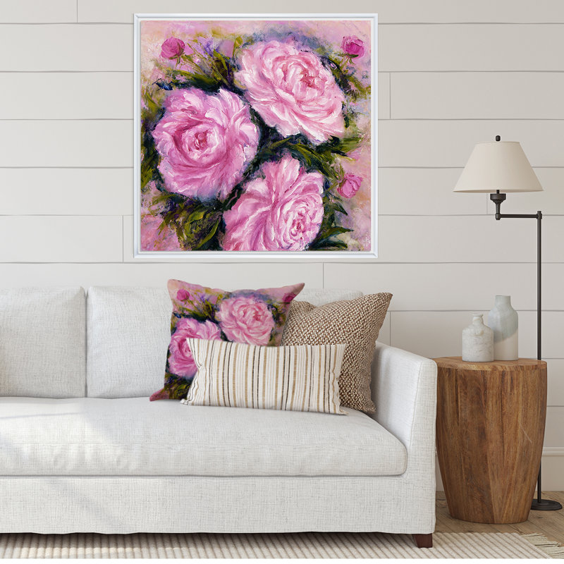 Bouquet de pivoines roses - œuvre d'art sur toile, H 16 po x l 16 po x P 1 po, Toile encadrée flottée blanche