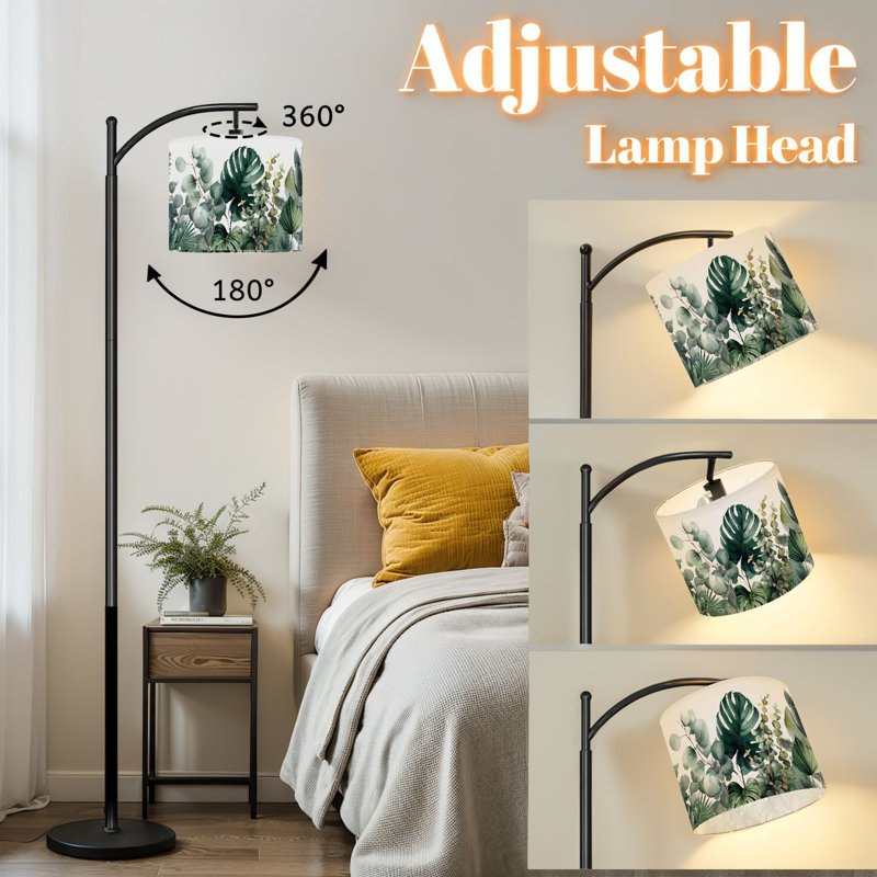 Arc Floor Lamp with Adjustable Lampshade Vintage Tropical Leafy Botanical Monstera Deliciosa Ensete Ventricosum Standing Lamp 3 Color Temperatures Dimmable Tall Pole Lamp with Foot Switch for Bedroom