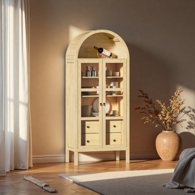 Modern Farmhouse Arched Cabinet With Glass Doors,72" Tall Auto Sensor Light Arch Storage Cabinet With Height Adjustable Shelf And 2 Drawers Display Bo