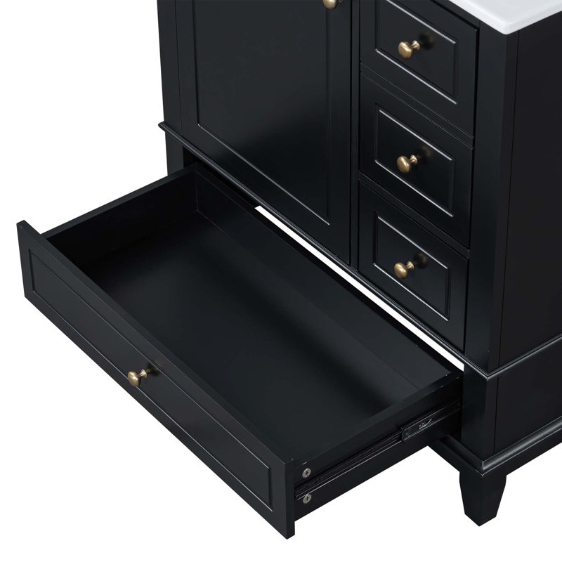 Meuble-lavabo avec lavabo, une porte avec tablette et trois tiroirs, porte à fermeture en douceur, Noir, noir, noir, noir