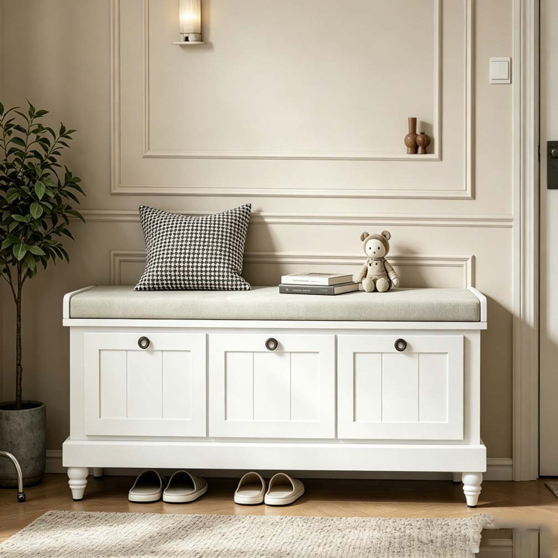 Banc à chaussures avec coussin et trois tiroirs, Blanc