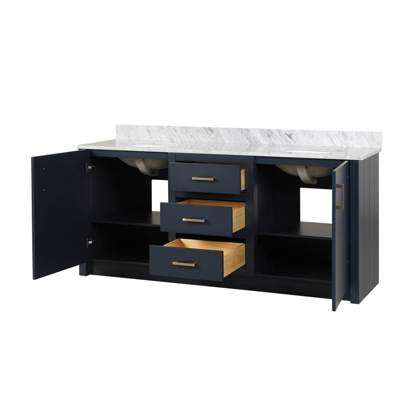 Meuble-lavabo double Cora, Bleu marine, Or, gris