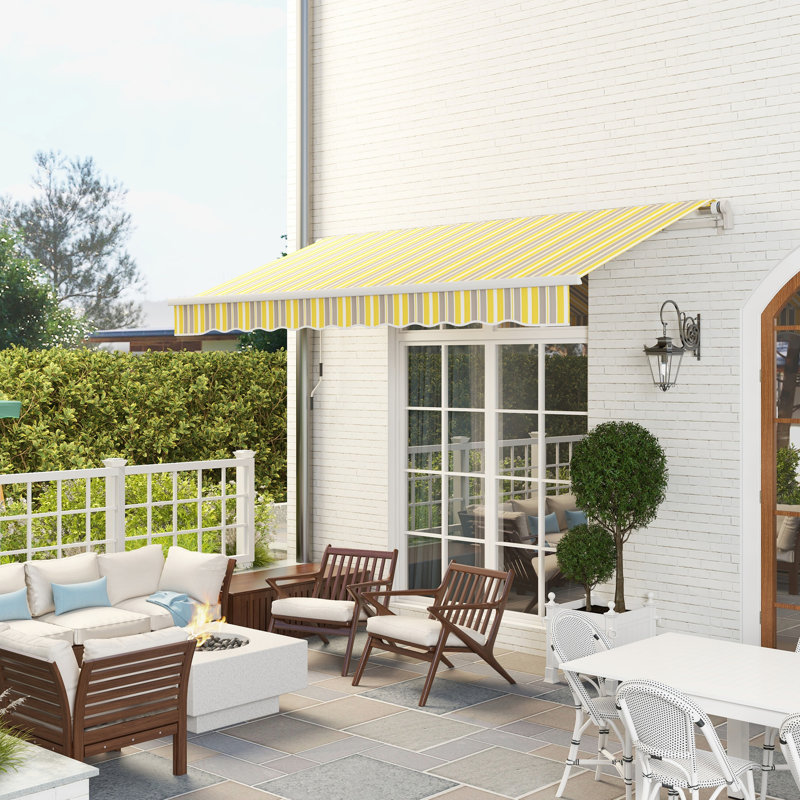 Auvent de balcon rétractable 12 pi x 10 pi. Manivelle manuelle. 280 g / m² et eau - tissu. Cadre en aluminium. Terrasse, patio, cour. Abat-jour de patio jaune et gris avec manivelle. Cadre pour balcon, jaune