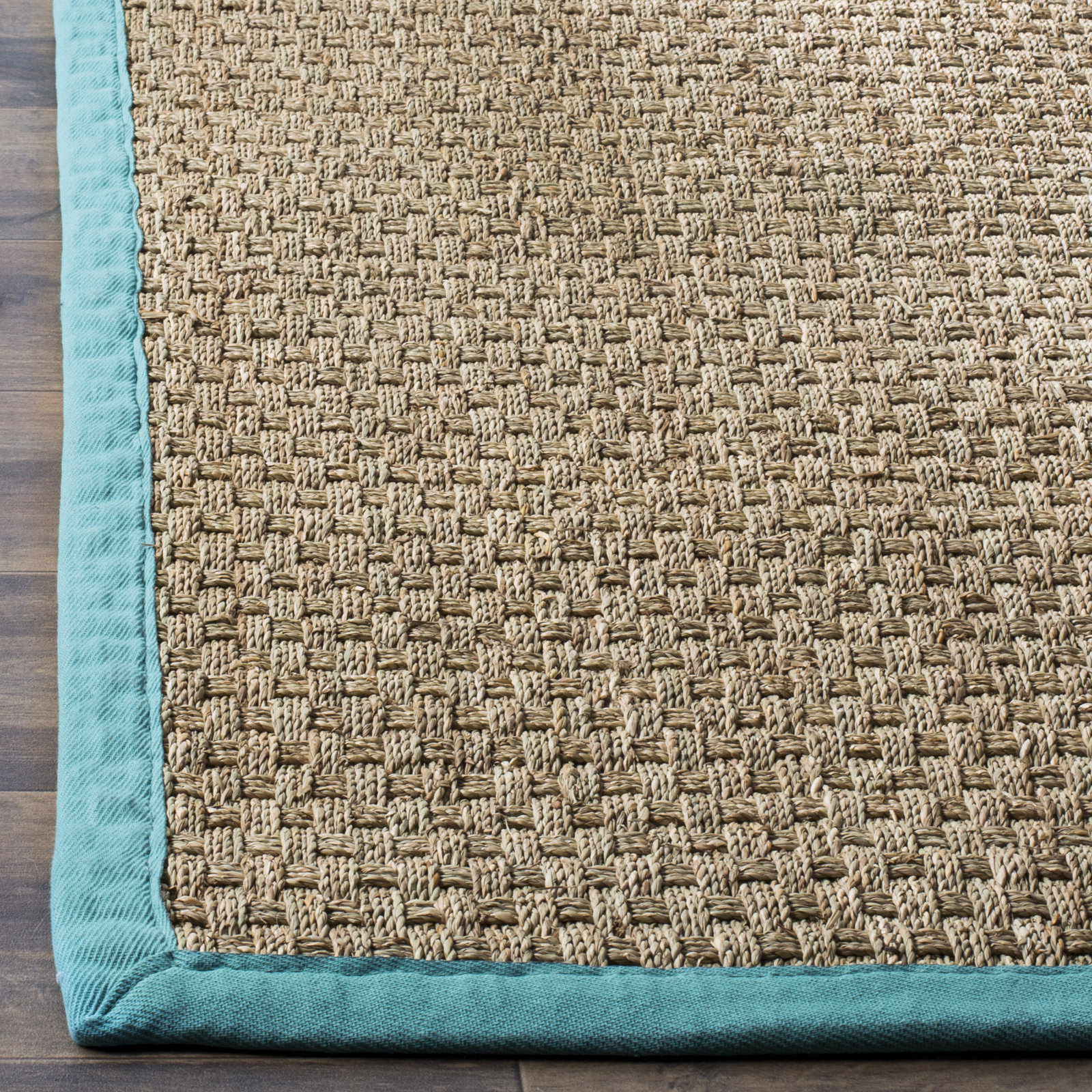 Natural Teal Bamboo Seagrass Rug, Rectangle 5' x 8'
