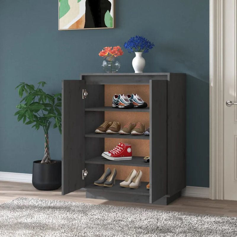 6 Pair Solid Wood Shoe Storage Cabinet, Grey
