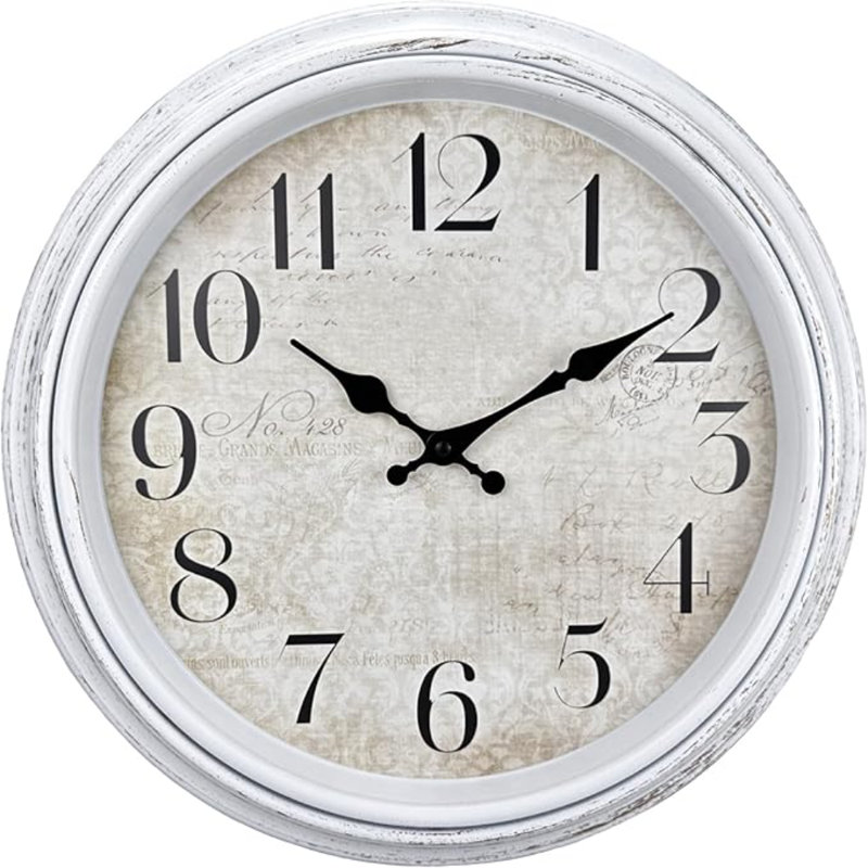 Horloge murale WOOPHEN rétro, très grande horloge murale silencieuse à piles 16 po, style rustique décoratif pour cuisine, salon, salle de bain, chambre à coucher (blanc)