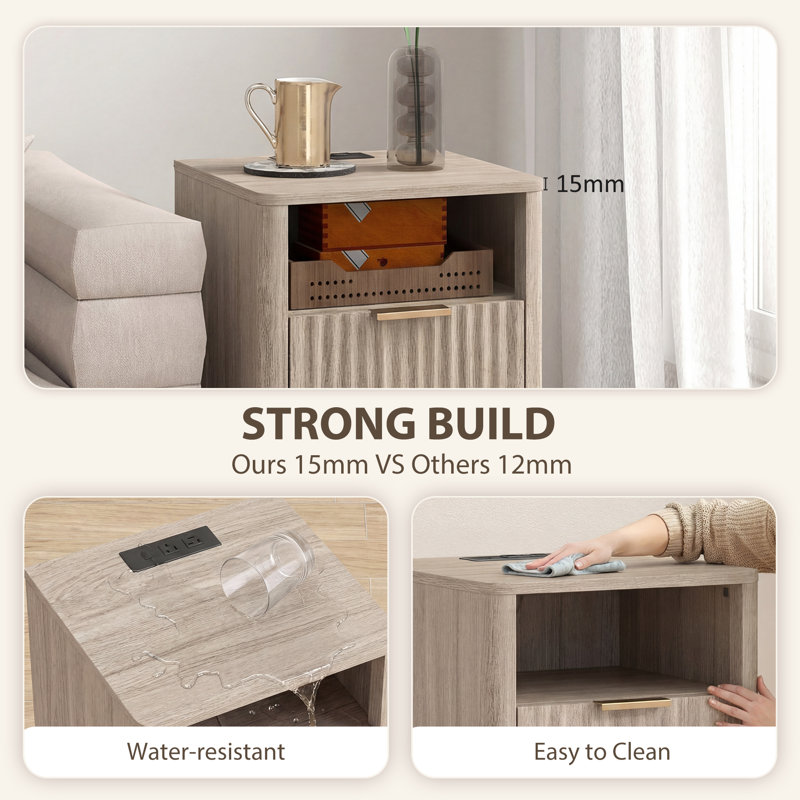 Ensemble de 2 tables de chevet, tables de chevet avec station de charge, gris, Gray