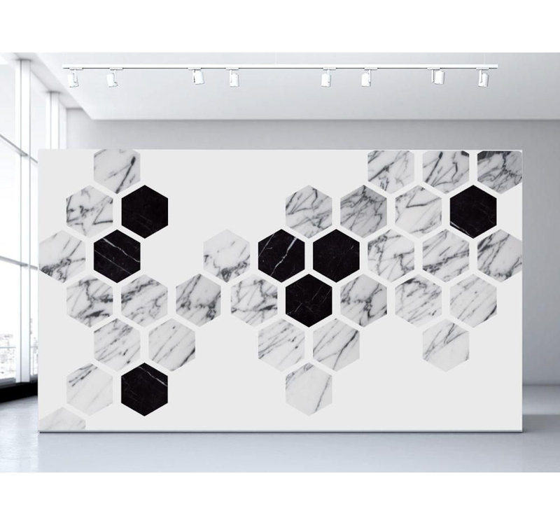 Murale géométrique hexagonale, Gris / Noir, l 96 po x L 144 po