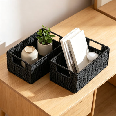 Set of 2 Hand-Woven Paper Rope Wicker Storage Baskets, Foldable Small Cube Organizer Bins for Shelves, Bathroom, Kitchen, and Pantry