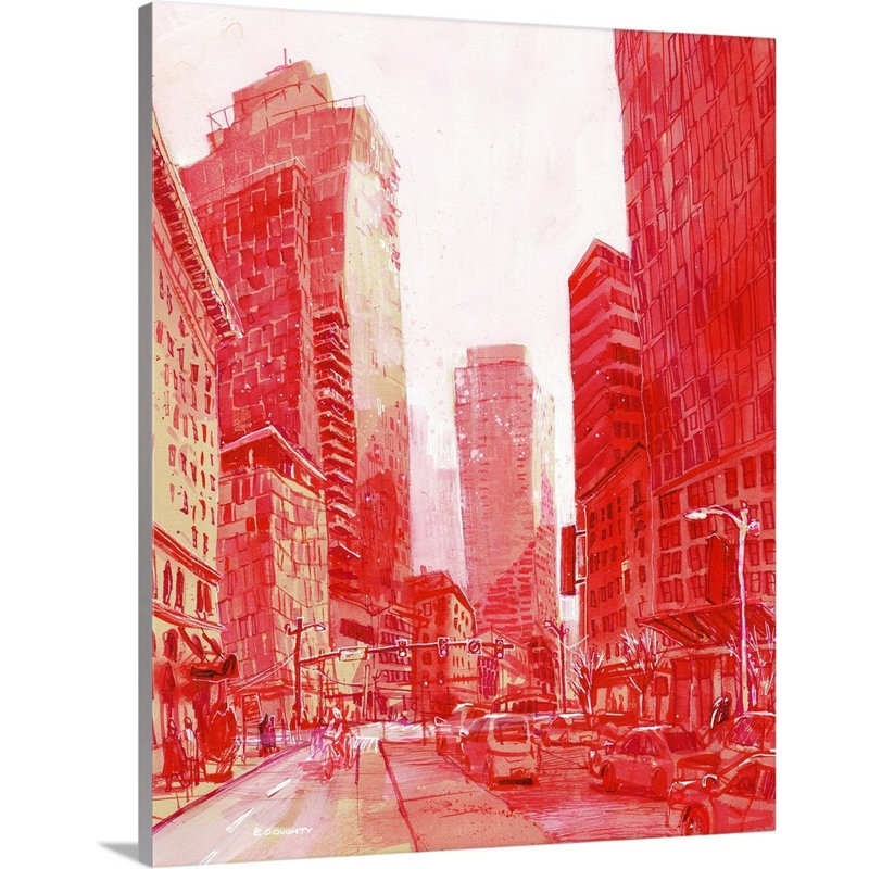 «Second Avenue in Red - Downtown Seattle, Washington» par Eleanor Doughty, reproduction sur toile, Toile tendue