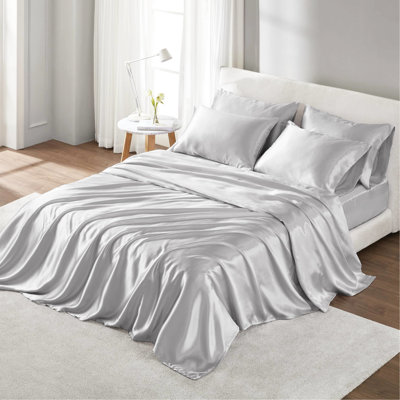 100% Satin 4 Pcs Twin Grey Luxury Sheet - Wrinkle , Gentle On Skin, Reduces Hair Breakage, Open Ended Pillowcases, Fitted For 16" Mattresses, Tames Frizz,