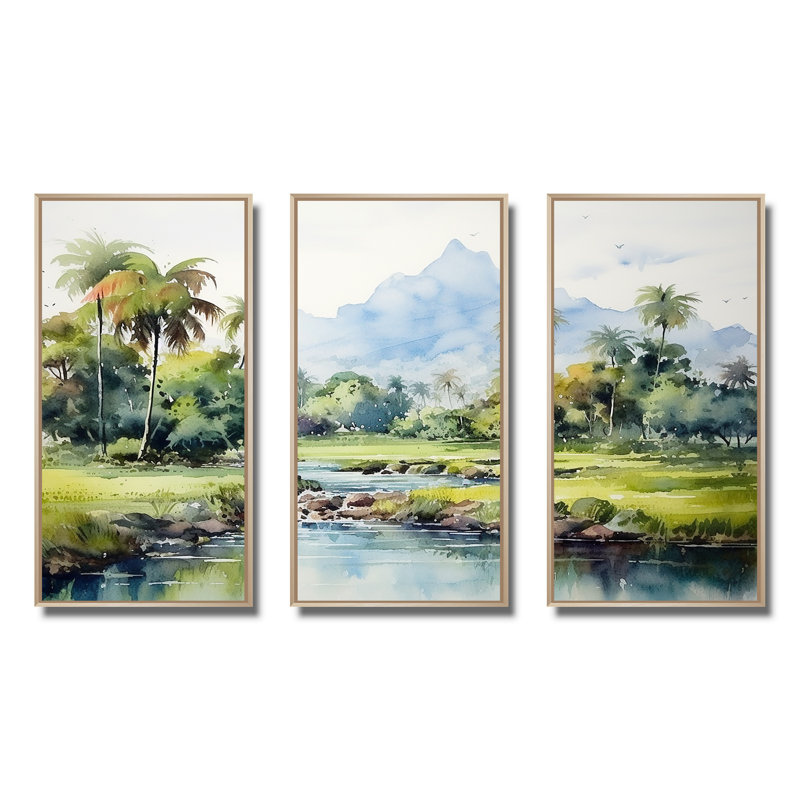 Paysage indonésien - Art mural Indonésie, H 28 po x l 36 po, Cadre flottant brun