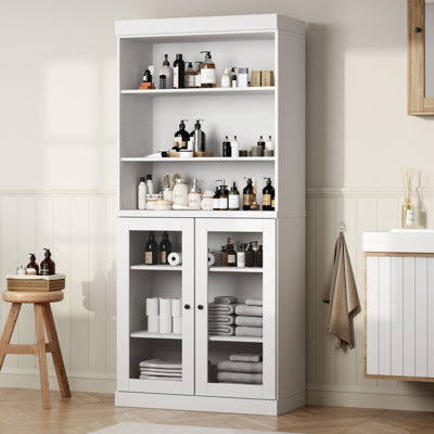 Armoire de salle de bain 100% bois massif 32 "avec portes en verre et tablettes réglables