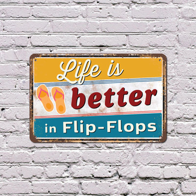 Life Is Better In Flip Flops Vintage Style 11 Inch x 17 Inch Plastic Sign Sandy Toes Happy Soul Durable Weatherproof Perfect for Beach Houses Patios Pools Fun Gift for Vacationers Surfers Friends