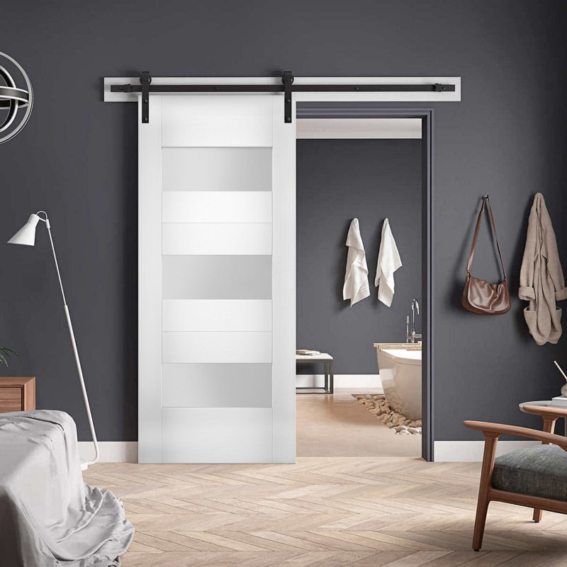 Porte de grange blanche en verre givré Sete avec trousse de quincaillerie d'installation, Noir, 42 po x 84 po