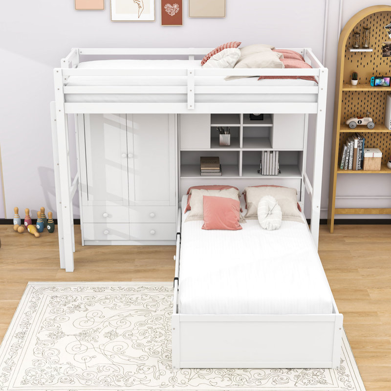 Lit superposé simple en bois à six tiroirs avec échelle intégrée, garde-robe et tablettes, Blanc