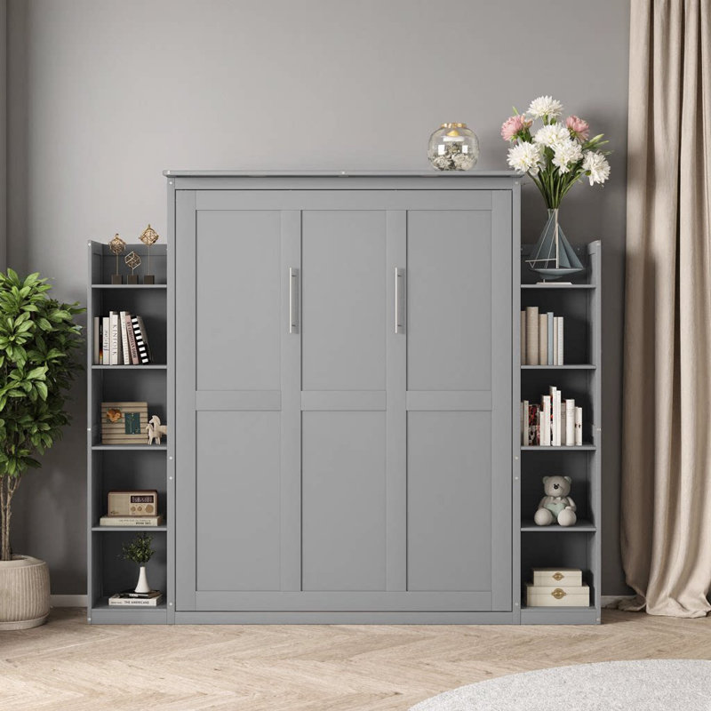 Grand lit escamotable gris avec tablettes et lumières DEL, Gris