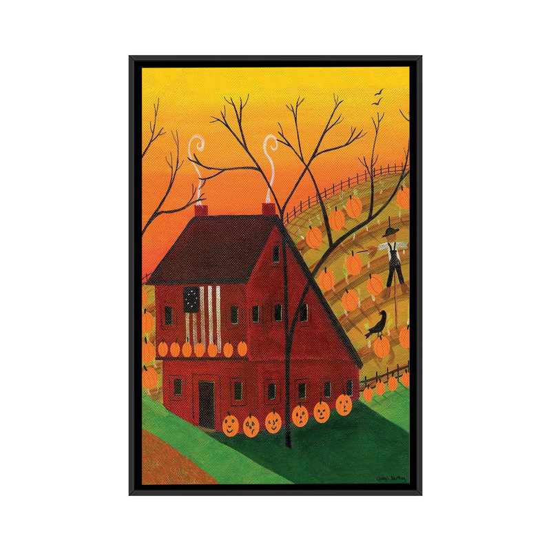 «Sunset Pumpkin Saltbox», reproduction d'art sur toile encadrée, Noir