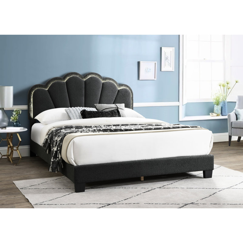 Lit double contemporain avec tête de lit en laine gris anthracite