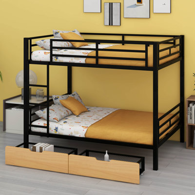 Metal Full Size Bunk Bed With 2 Storage Drawers Ladder And Safety Rails,  Convertible To 2 Full Size Platform Bed