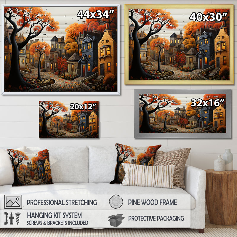 Cozy village in Autumn Moonlit III - Art mural art déco urbain, Cadre doré à coins fermés, H 16 po x l 32 po x P 1 po