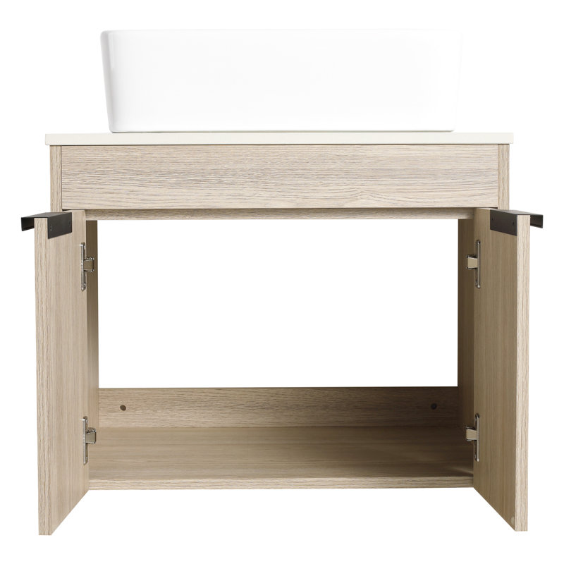 Meuble-lavabo moderne de 24 po. Chêne blanc mural avec lavabo en céramique. Porte à fermeture en douceur et rangement intérieur généreux. Lavabo en chêne. Armoires de rangement abondantes.
