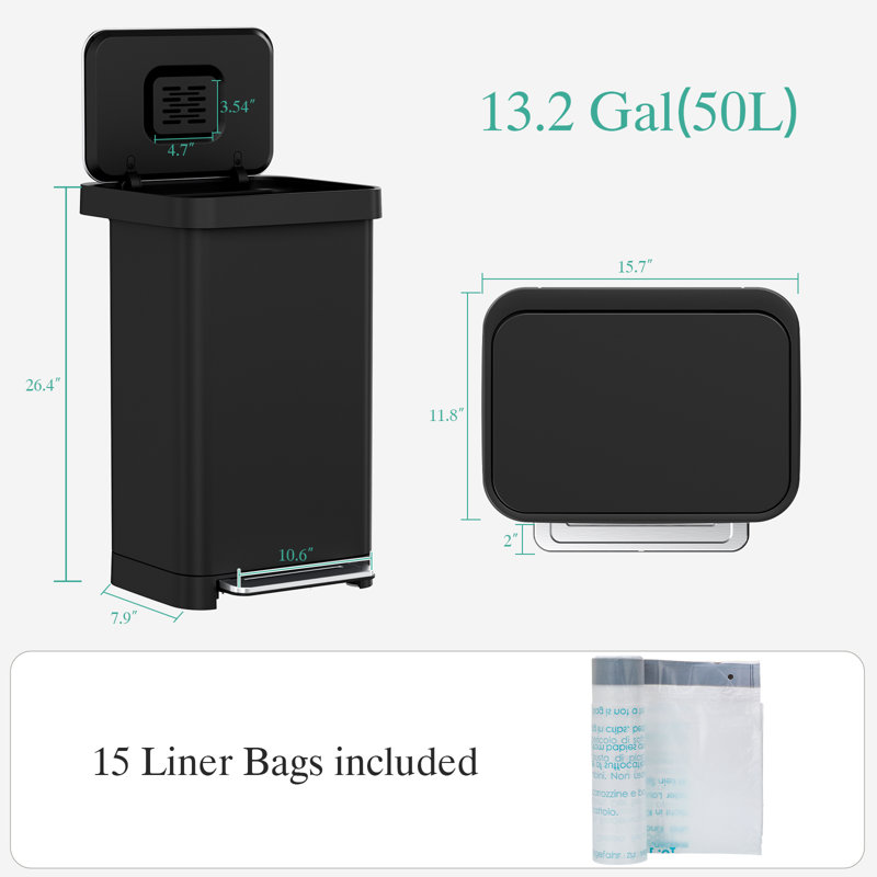 Poubelle en acier inoxydable 50l / 13,2gal avec 15 sacs intérieurs et compartiment de rangement pour sac arrière, poubelle pour marches de cuisine avec couvercle et boîte désodorisante intégrée, poubelle avec pédale et couvercle à fermeture en douceur (noir)