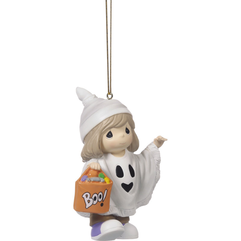 Little Girl Ghost Halloween Resin Ornament with Treat Bag