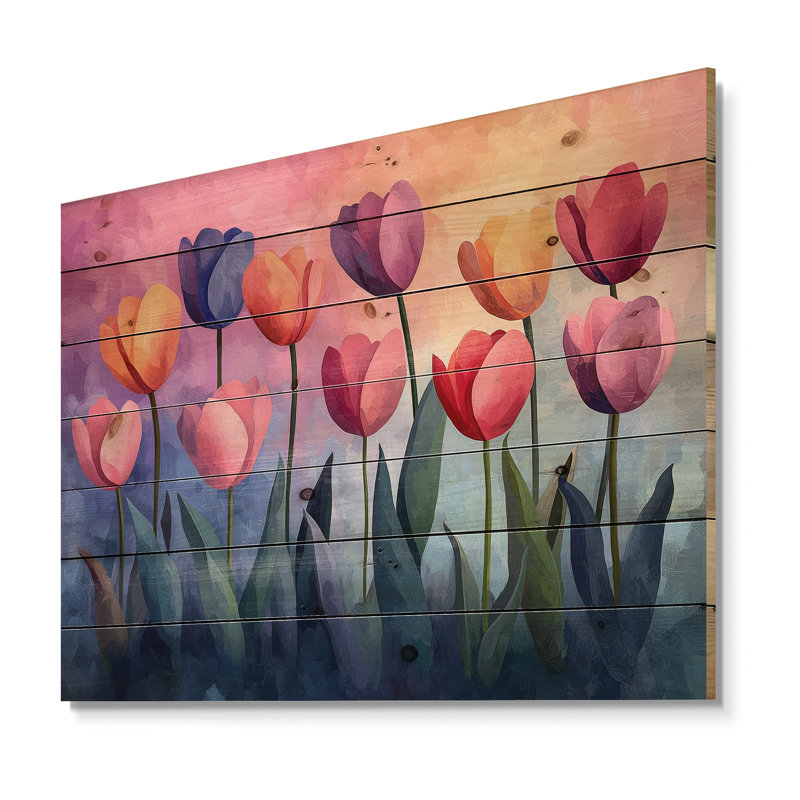Blue Velvet Sky Pink Tulips Field - Tulips Wood Wall Art - On Natural Pine Wood, 24" H x 32" W x 0.78" D
