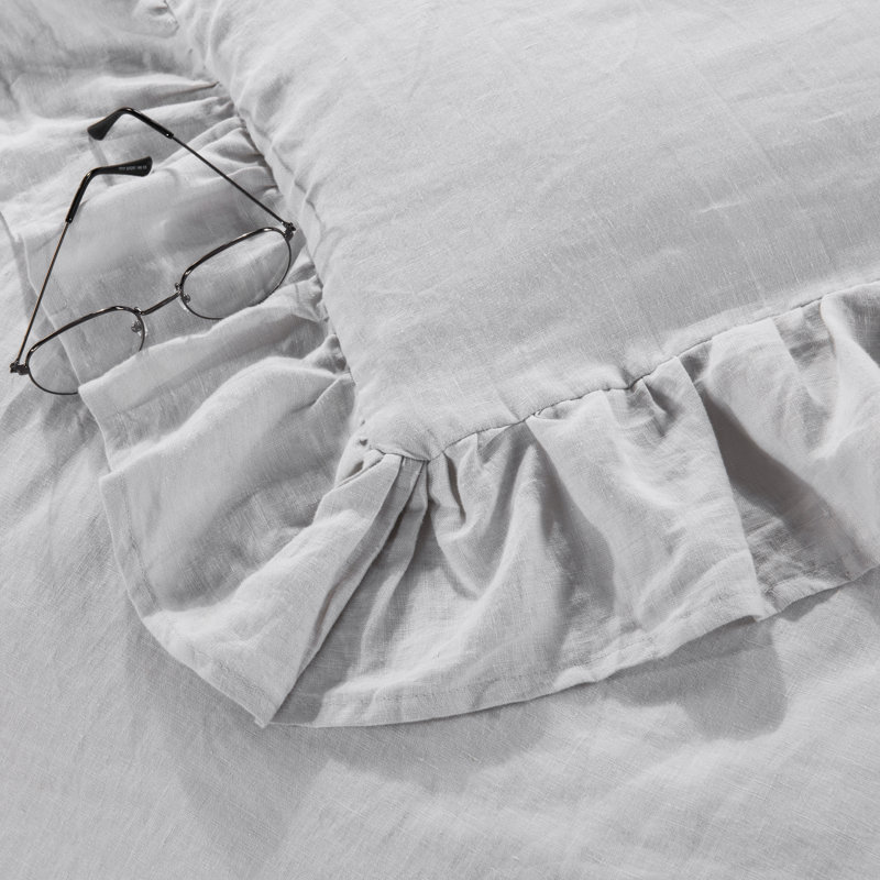 Gray Full/Queen Stone Washed Linen Ruffled Duvet Cover Set