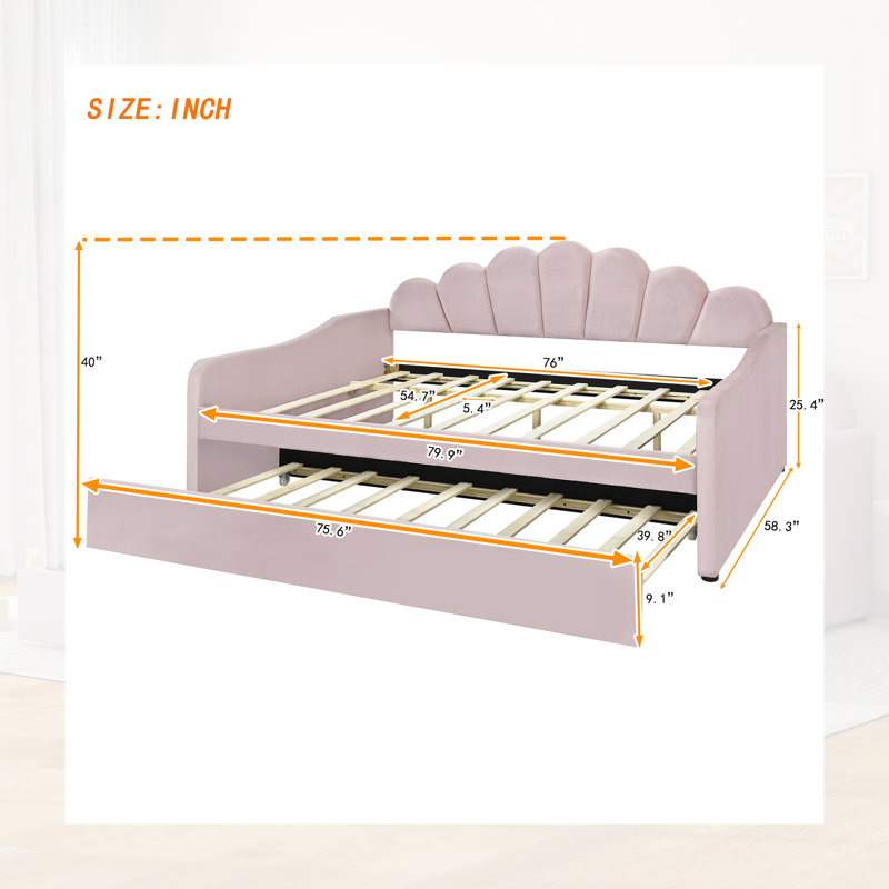 Lit de jour en velours double avec couchette simple - Dossier festonné en forme de coquillage - Blanc, Rose