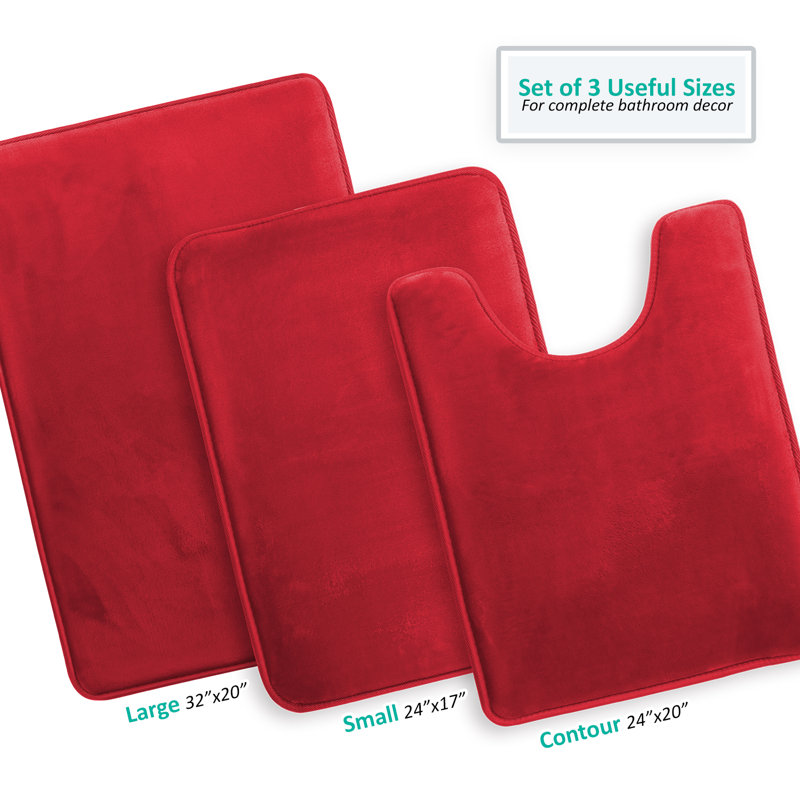 Ensemble de 3 tapis de bain en mousse viscoélastique ultra doux et absorbant avec envers antidérapant Aighan, Rouge