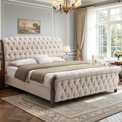 Dulane King Size Tufted Upholstered Sleigh Bed, Modern Chenille Platform Bed Frame, No Box Spring Required, cream