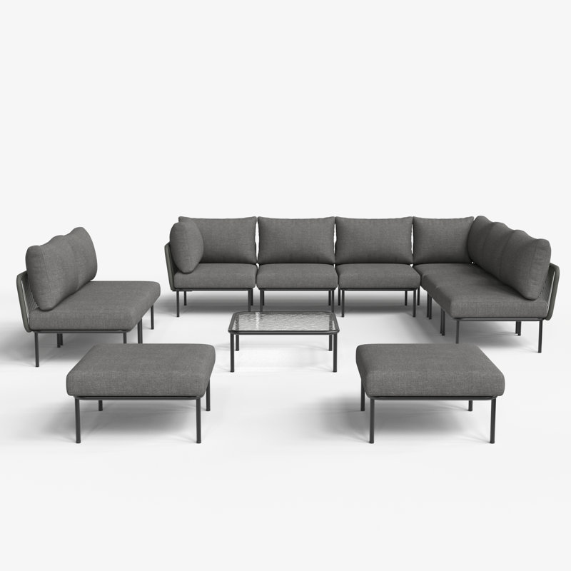 Latitude Run® 11 Pieces Aluminum Patio Furniture Set, Modern Modular Sectional Sofa with Coffee Table and Upgrade Thickness Cushion