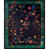 Navy Blue Antique Wool Pile Hand Knotted Chinese Art Deco Area Rug