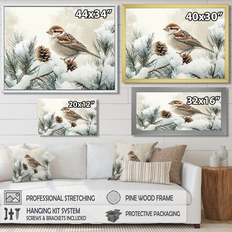 «Sparrow Bird In The Winter Pines I», art mural sur toile, Cadre simple, Noir, H 12 po x l 20 po