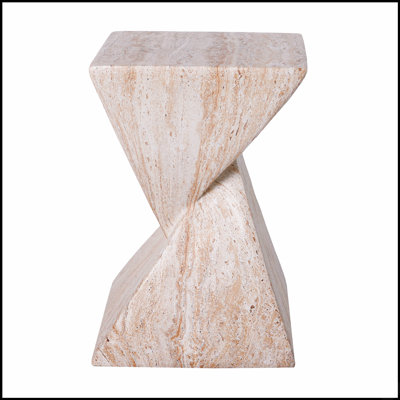 18.5"H Modern Outdoor Concrete Side Table, Patio End Table with Sculptural Fluted Design, Weather-Resistant Geometric Minimalism Accent Table for Garden, Balcony & Poolside, Beige Marble