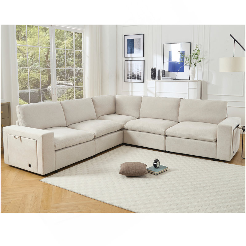 Canapés modulaires pour le salon, canapé modulaire, port de charge sans fil et porte-gobelets, 5 sièges, combinaison de bricolage, canapé en L, espace de rangement pour livres, tissu en lin doux, beige