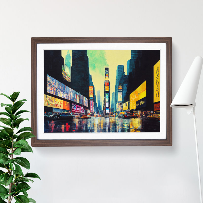 Times Square New York Watercolour Vol.5 - Single Picture Frame Print, Walnut Framed, 46cm H x 64cm W x 2cm D