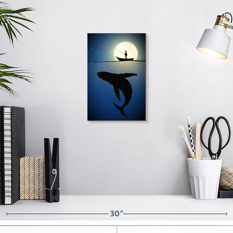 Pêche à la baleine au clair de lune Senne, H 12 po x l 8 po